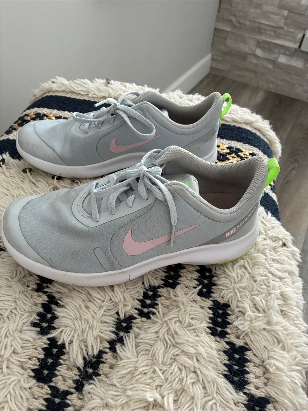 Nike Women's Light Gray Sneakers with Pink Swoosh and Neon Green Pull Tab